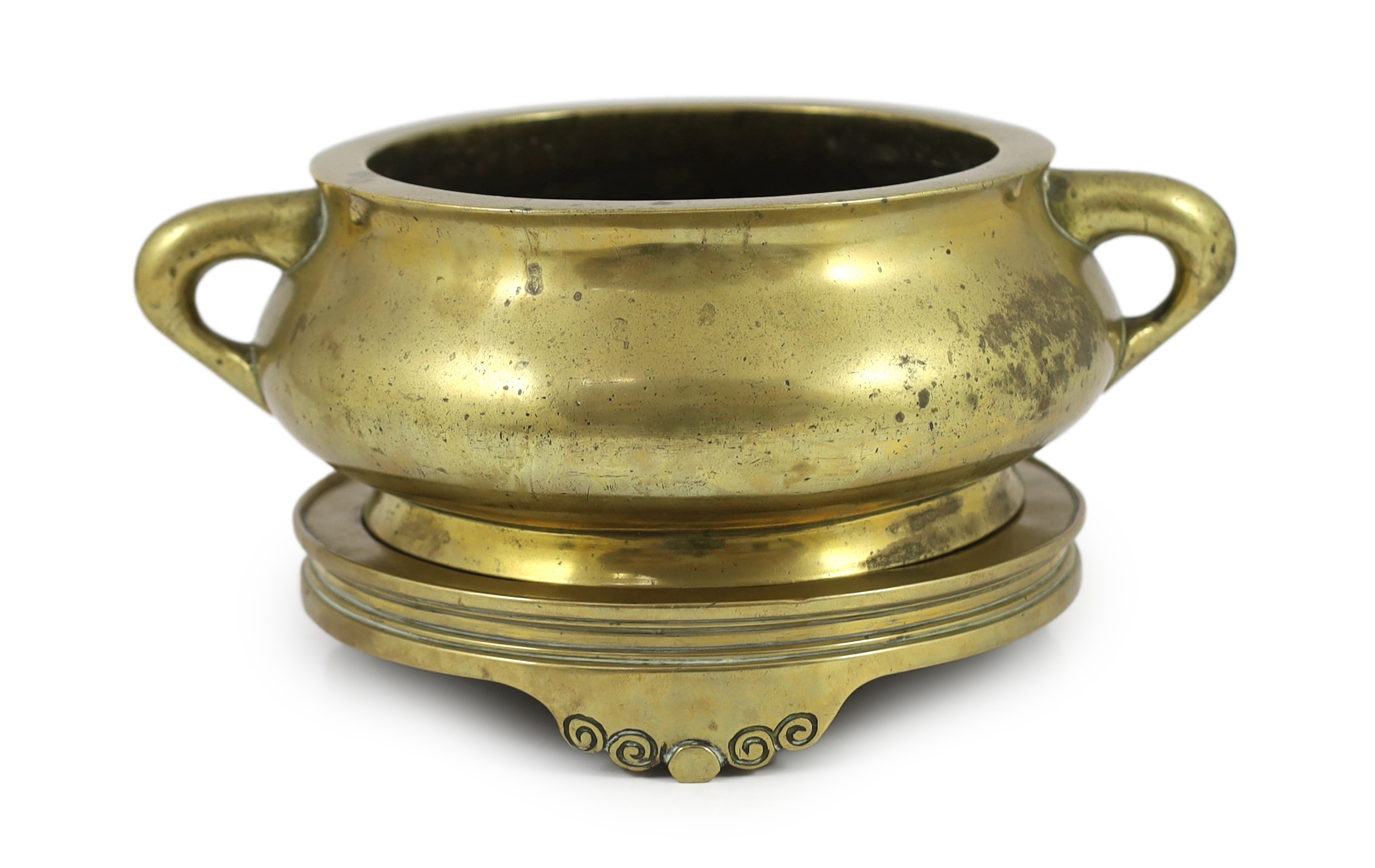 A large Chinese polished bronze censer and stand, gui, Xuande mark, 18th century